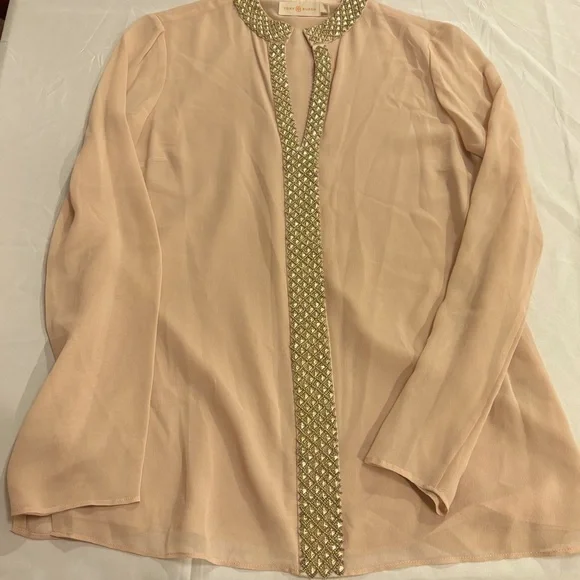 Tory Burch Women’s Dusty Rose Silk Gem Embellished Tunic Blouse Shirt‎ Size 2
