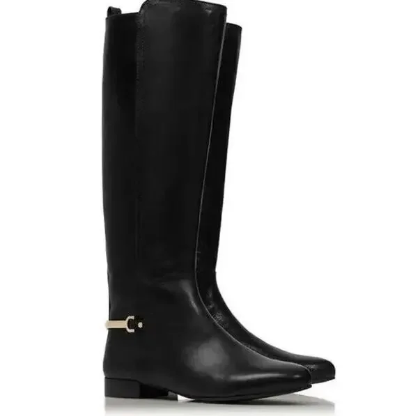 Tory Burch Tall Black Leather Riding Boots Horsebit Heel Logo Hardware Size 5