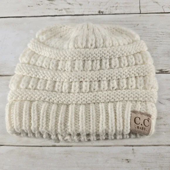 C.C Baby Beanie Cream Off White Cable Knit Winter Hat Infant Toddler CC Logo