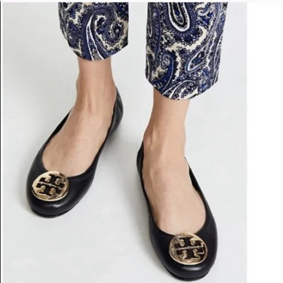 Tory Burch Black Leather Gold Logo Reva Ballet Flats Sz 6.5