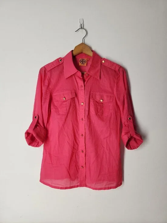 Tory Burch hot pink utility shirt button down roll-up sleeve lightweight top 4