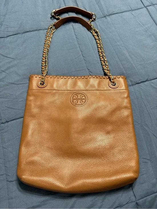 Tory Burch Marion Caramel Tan Leather Chain Shoulder Bag