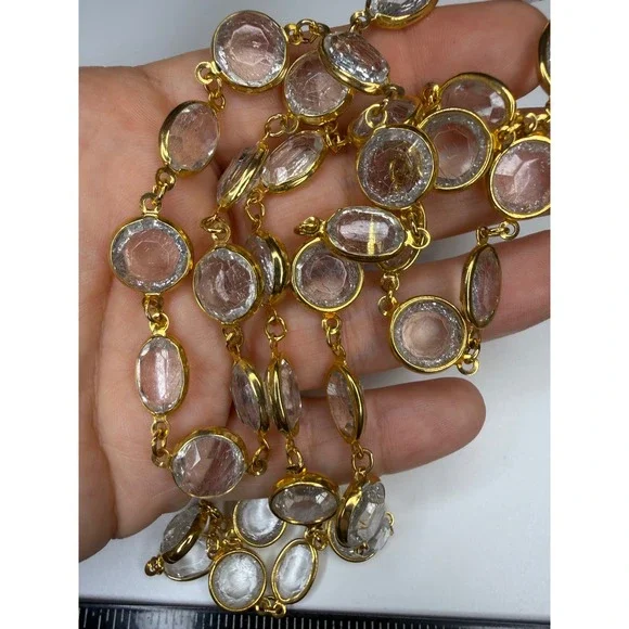 Gold Tone Bezel Set Clear Faceted Crystal Station Long Necklace 36 Inch