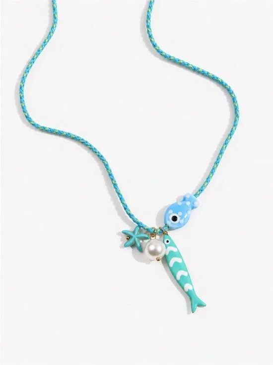 New! Coastal Blue Fish Sardine Pearl Charm Braided Necklace (4024) NWOT