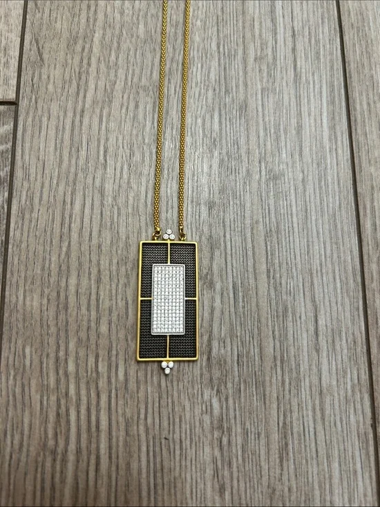 Freida Rothman Gold Rectangular Pave Pendant Necklace Black Silver Sparkle 925