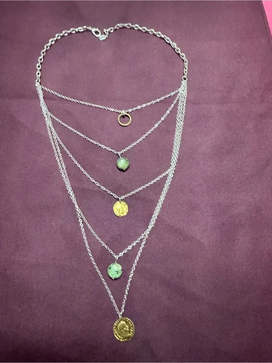Accessorize Silver Layered Necklace with Green Stones and Gold Coins