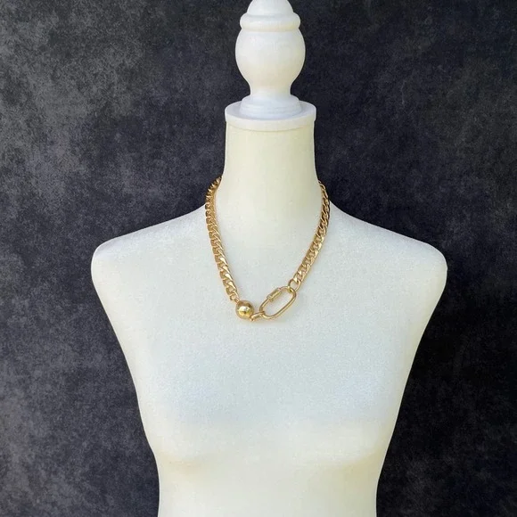 Chicos Gold Tone Chunky Curb Chain Carabiner Pave Rhinestone Necklace Womens