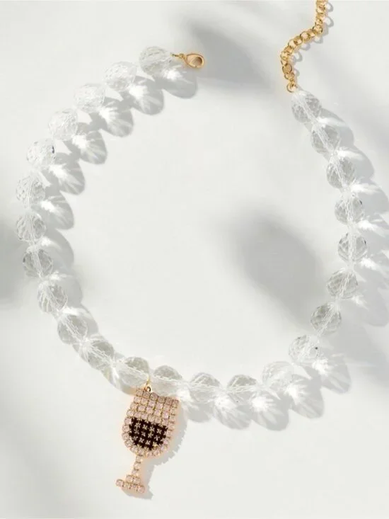New! Anthropologie Clear Beaded Crystal Wine Glass Pendant Necklace NWT (4004)
