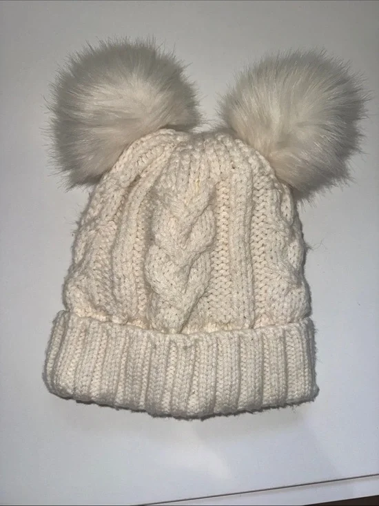 GAP Cream Cable Knit Kids Hat with Double Faux-Fur Poms