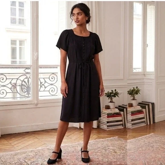Kate Spade Black 100%‎ Silk Popover Shirt Dress Drawstring Waist Size M