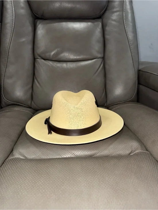 Beige Straw Fedora with Dark Brown Leather Band