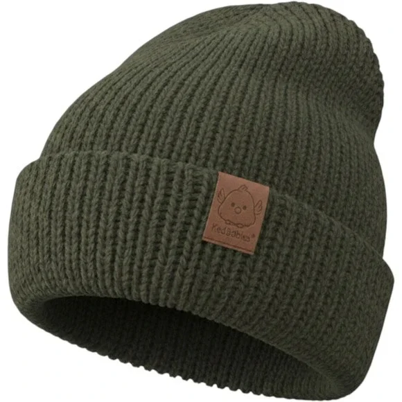 KeaBabies Kids Olive Green Knit Beanie Hat Faux Leather Patch Bird Logo