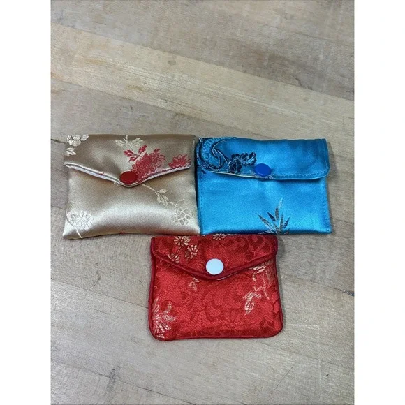 Vintage Asian Silk Brocade Coin Purse Lot Kelly Chen Hong Kong 3 Snap Pouches