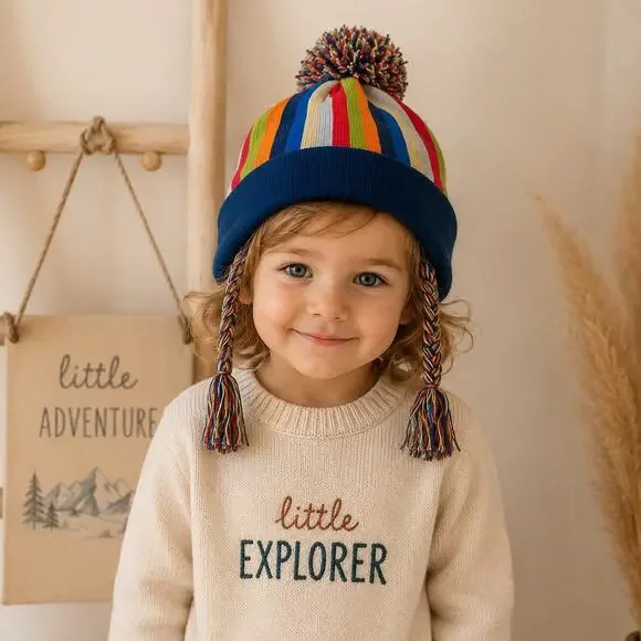 Hanna Anderson Navy Muti Color Pom  Pom Winter Hat Small