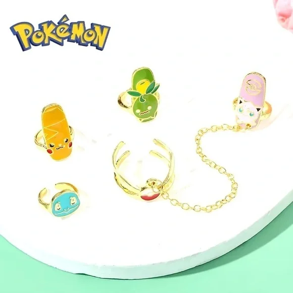 Gold Tone Pokemon Nail Rings Set Jiggly Puff, Squirtle, Pikachu, Smoliv Pokeball
