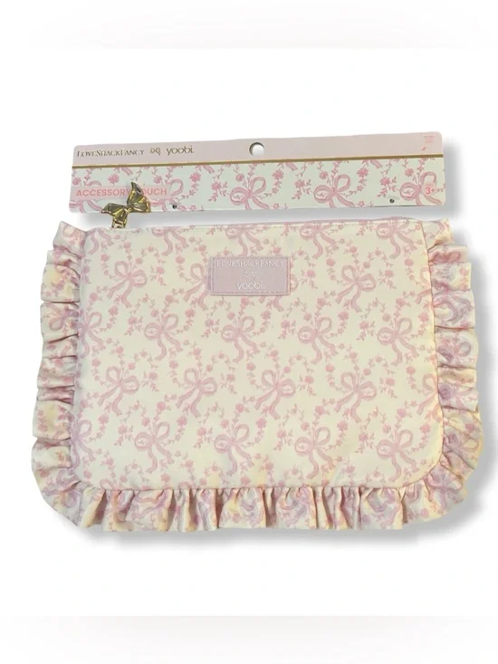 LoveShackFancy x Yoobi LTD Edition Cream and Pink Ruffle Accessory Pouch NWT