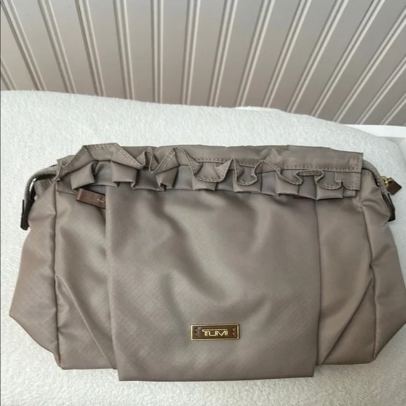 Tumi Enna Large ruffled Travel Pouch Taupe Cosmetics Bag