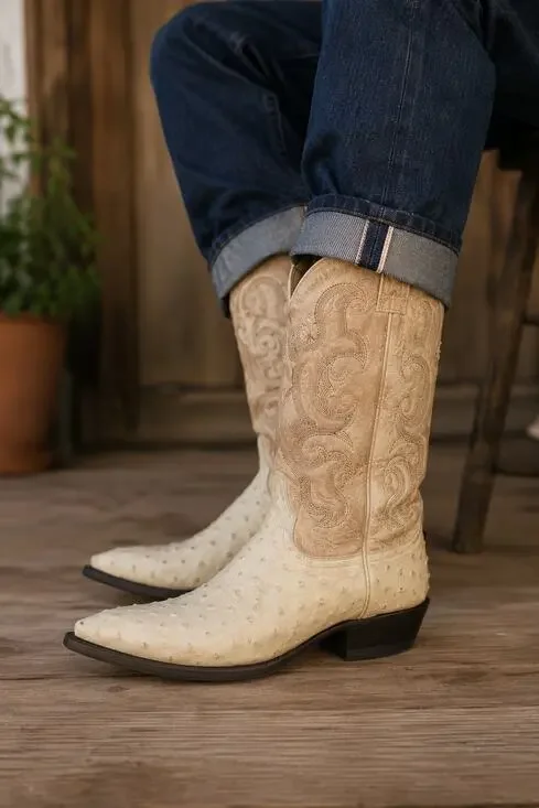 Vintage Tony Lama 8863 Full Quill Ostrich Cowboy Boots Bone Ivory USA Men 8.5 EE