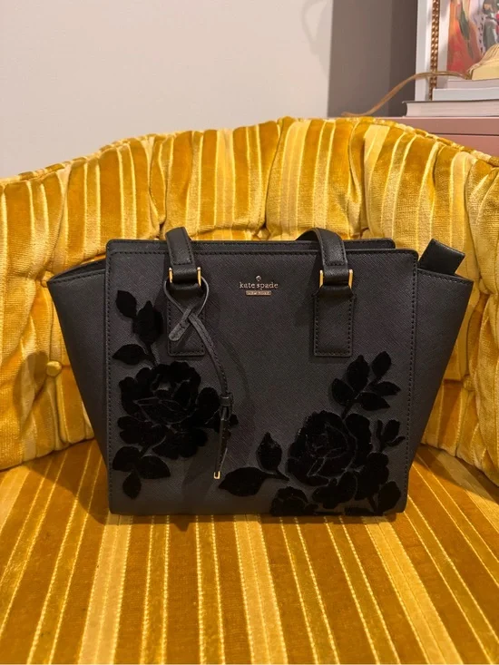 kate spade Black Velvet Floral Appliqué Tote