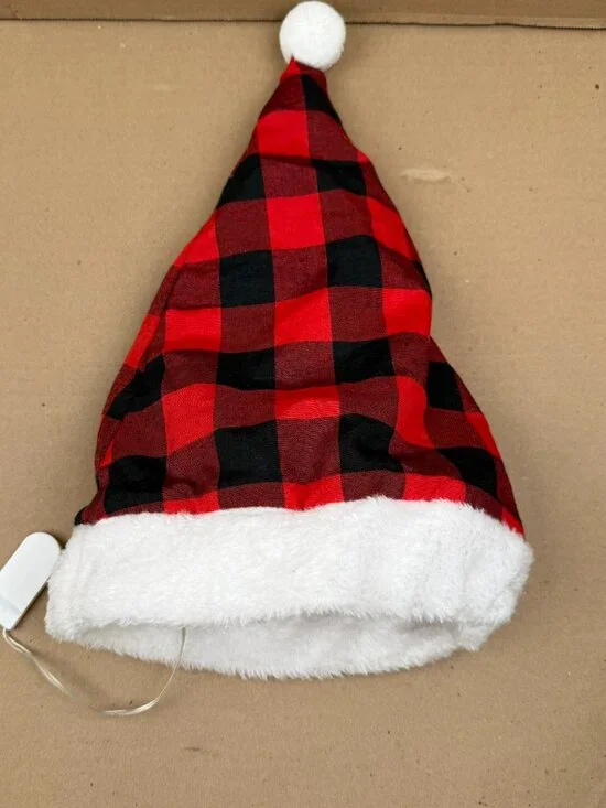 Light Up Christmas Santa Hat Red Black Buffalo Plaid Fuzzy Trim Holiday Festive