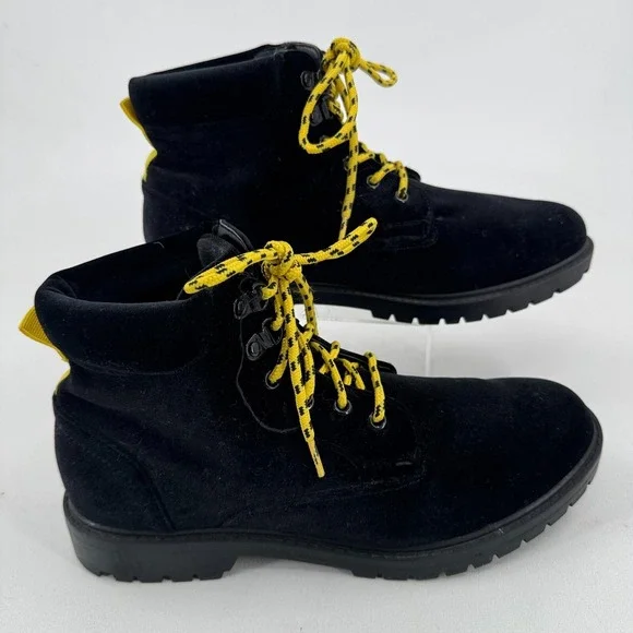 ASOS Design Hiking Boots MENS Black Velvet with Yellow Contrast Lace Up SIZE 9