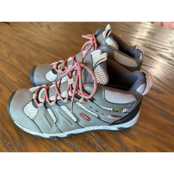 KEEN Steens Mid Waterproof Hiking Boots Mens 10 Grey Orange Excellent Trail Shoe