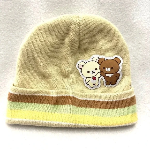 Rilakkuma San-X Cream Striped Beanie Hat Kids OSFM Korilakkuma Bear Patch 2024