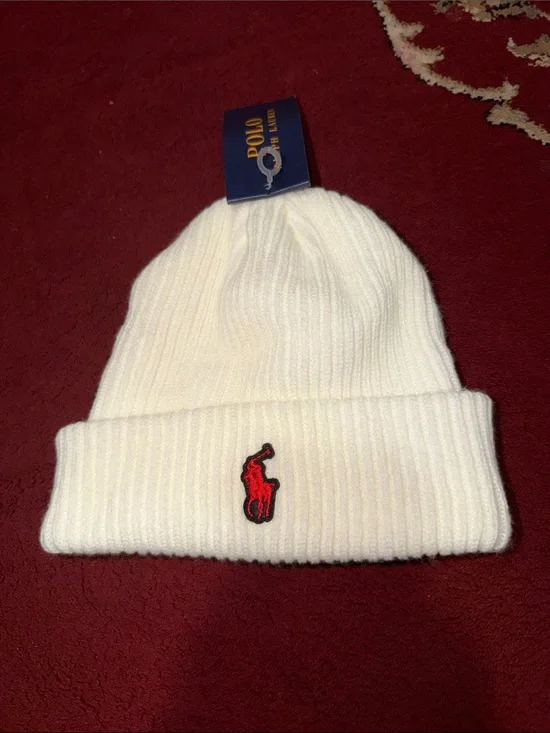 Polo by Ralph Lauren White Ribbed Knit Kids Beanie with Red Pony