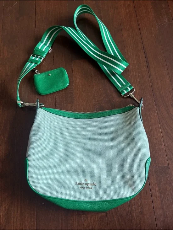 kate spade Green and Cream Crossbody Bag with Striped Strap