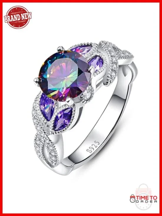 3.6ct 925 Sterling Silver Created Rainbow Topaz Amethyst Ring Bezel Setting
