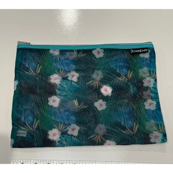 Bebe Tropical Floral Mesh Cosmetic Bag Teal Blue Hibiscus Travel Pouch Zipper