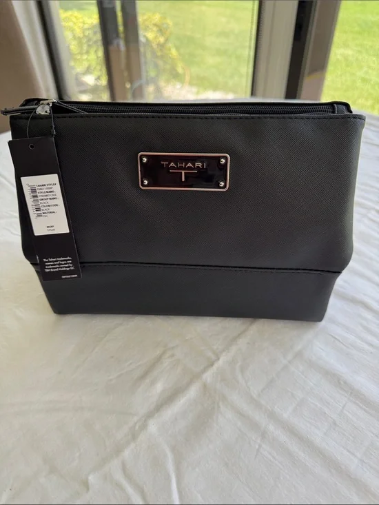 Tahari Black Textured Cosmetic Pouch with Logo Plaque
