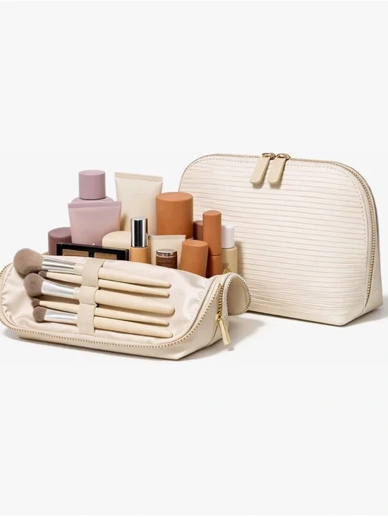 Standing Foldable Cosmetic Makeup Tioletry Travel Bag Set in Cream - Brand New!