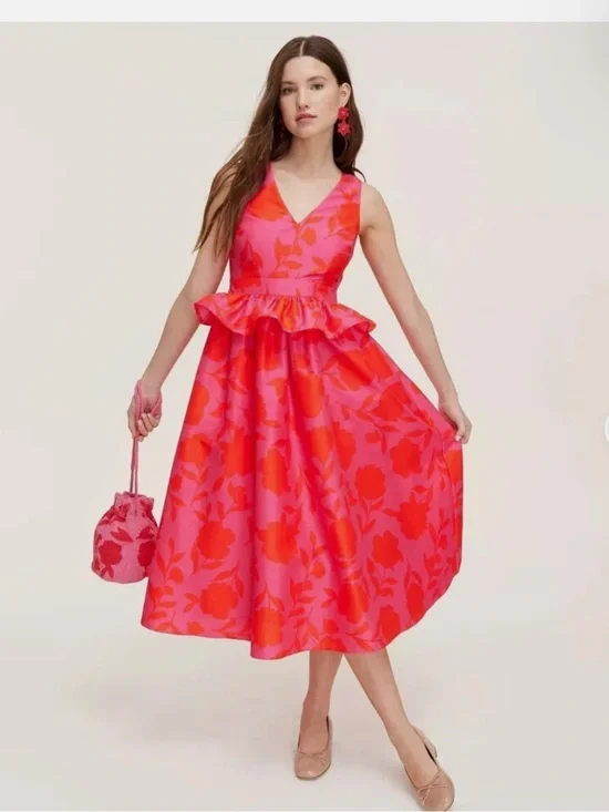 kate spade Pink and Red Floral V-Neck Peplum Midi Dress