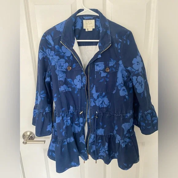 Kate Spade New York Blue Floral & Navy Jacket Ruffle Hem Size Small