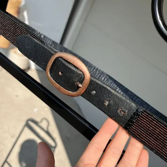 VTG 1970s Leather Bead Embellished Belt Unisex Solid Brass Buckle