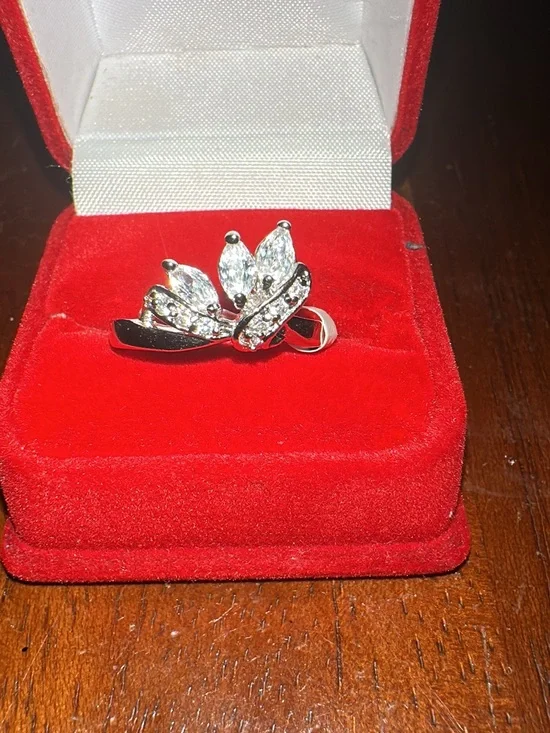 Rhodium Plated  with Cubic Zirconia Silver Crystal Leaf Ring - Clear Sparkle