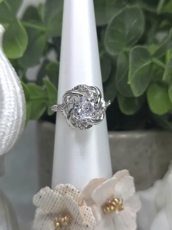 Sterling Silver Floral Halo Ring with Clear Center Stone