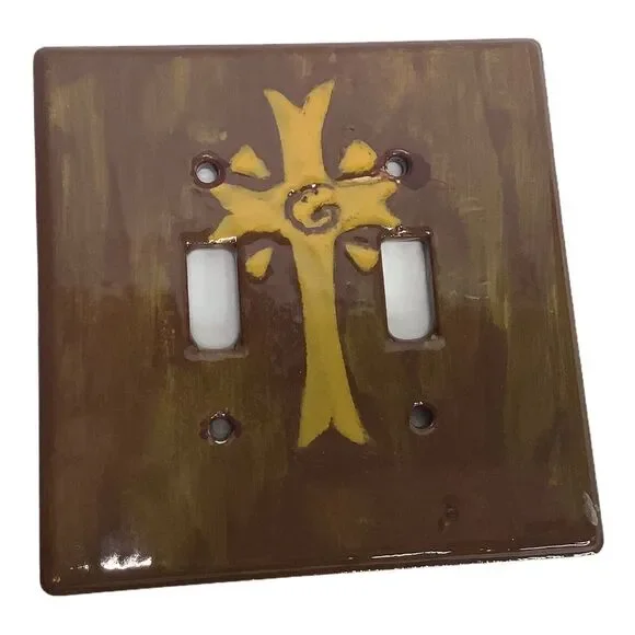 Cross Religious Ceramic‎ Two Toggle Switch Plate Outlet Cover Brown Yellow 5