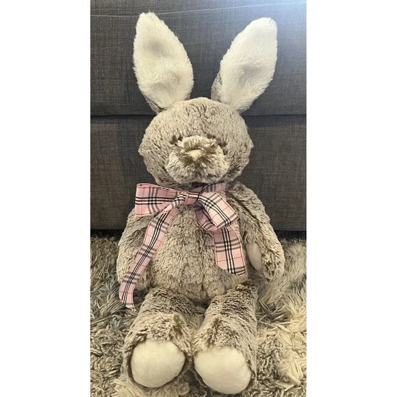 Pottery Barn Kids Gray Plush  Bunny Rabbit Stuffed Animal Pink Plaid Bow Easter
