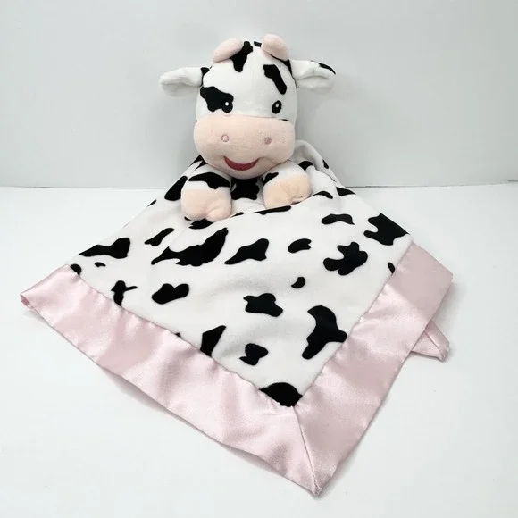 BABYCOLOR Cow Plush Lovey Security Blanket Black White Spotted Pink Satin