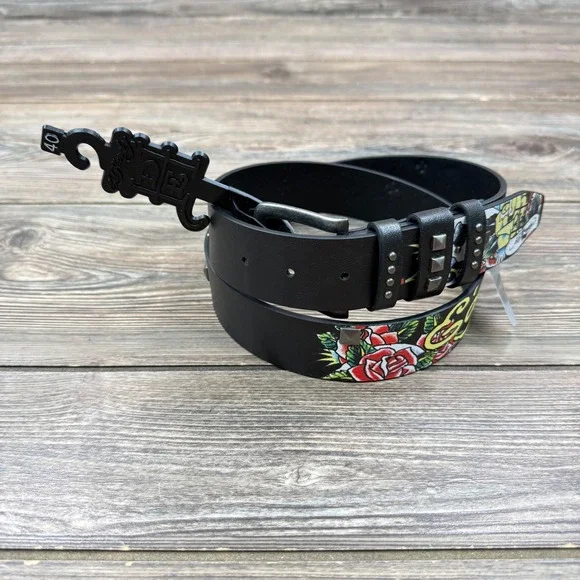 Ed Hardy Mens Size 40 Belt Black Tattoo Graphic Studded Logo New