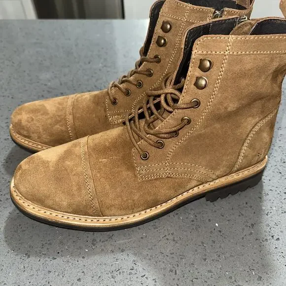 Frye Men’s Russell Boots Size 9.5 M Tan Leather Suede Cap Lace /Zip Up FR41606