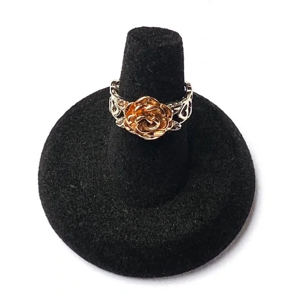 Sterling Silver Rose Ring Rose Gold Plated Flower Open Scrollwork Size 6 1/2