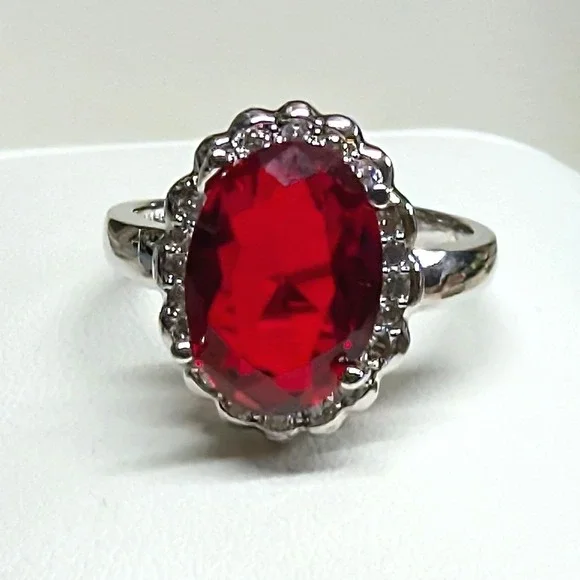 New 925 Marked Red Stone Halo Ring Plus‎ Size 9.5 SilverTone Oval Rhinestones