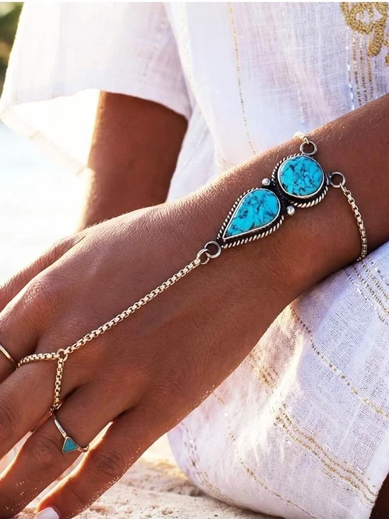Anthropologie Turquoise and Silver color Hand Chain & Ring Set