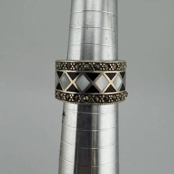 Vintage NF Sterling Silver Ring 8 Sterling Silver 925 Marcasite Onyx Thailand