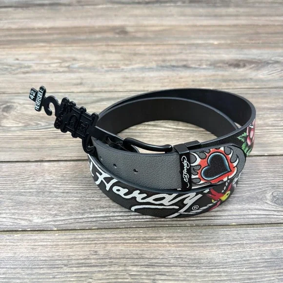 Ed Hardy Mens Size 42 Reversible Belt Black Grey Tattoo Graphic Print New