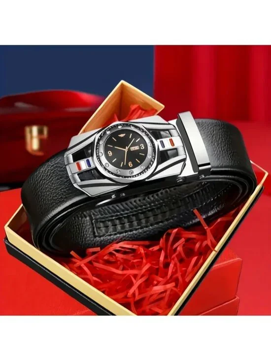 Elegant Fashion Men Belt  Dark Silver Buckle PU Leather Black Length 49 in