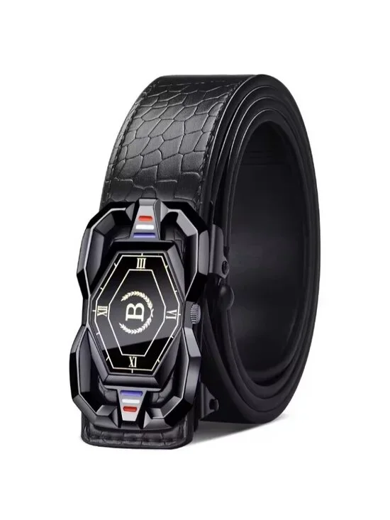 Elegant Fashion Men Belt Adjustable Black Buckle Crocodile Black Length 50.5 in